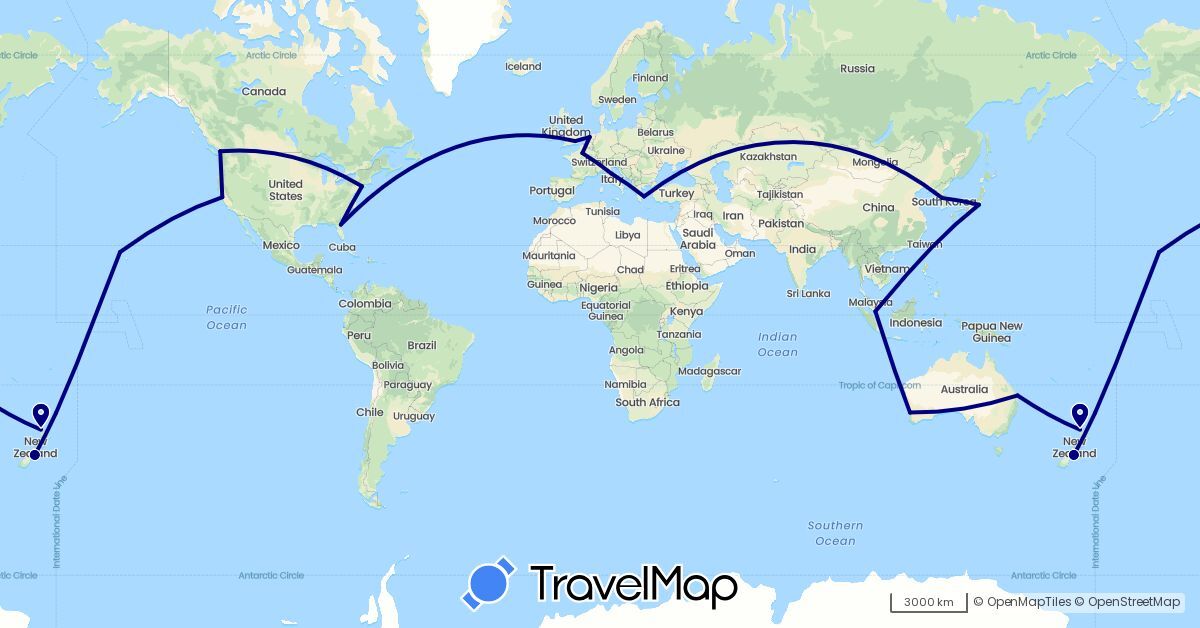 TravelMap itinerary: driving in Australia, Canada, France, United Kingdom, Greece, Japan, South Korea, Netherlands, New Zealand, Singapore, San Marino, United States (Asia, Europe, North America, Oceania)